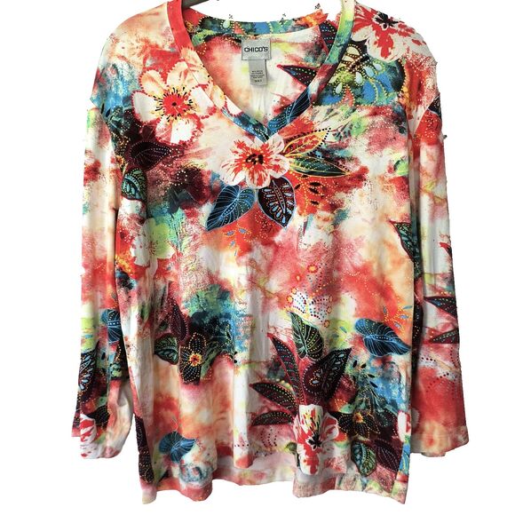 Chico's Weekends Top Sz 3 (XL) Multicolor 3/4 Sleeve Rayon/Spandex Tee Tropical - Picture 1 of 12